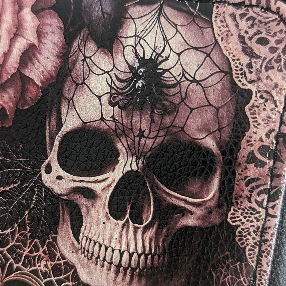 Skullette Brand Pink Skull Roses & Spider Vegan Leather Wallet New! - Picture 11 of 12